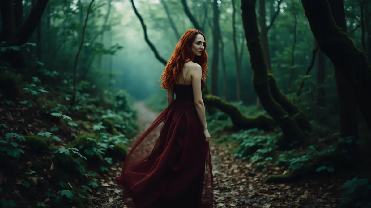 Magician brand archetype AI photoshoot — Tereza Škraňka in dark editorial styling with fire and deep purple tones