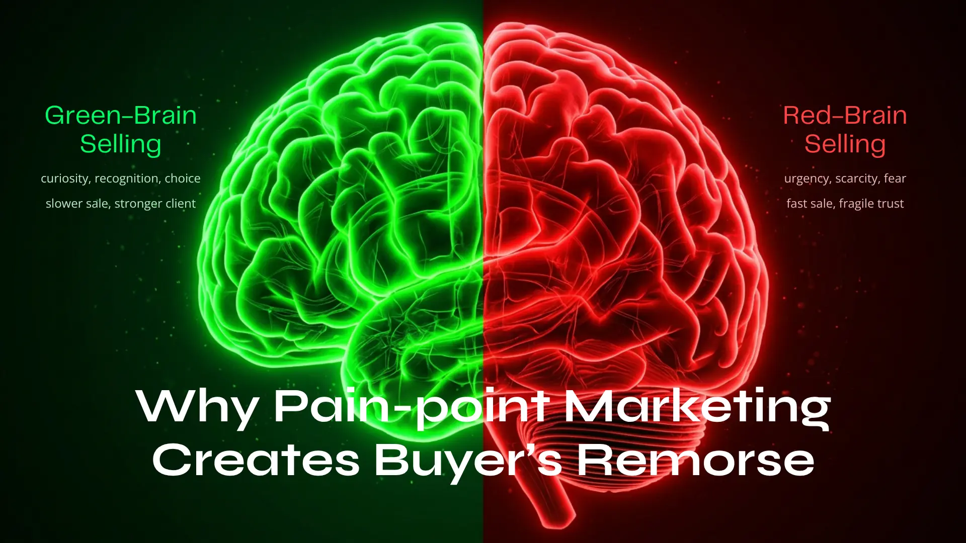 Green-brain vs red-brain selling. The green brain activates curiosity, recognition, and choice for a slower sale and stronger client. The red brain triggers urgency, scarcity, and fear for a fast sale and fragile trust.