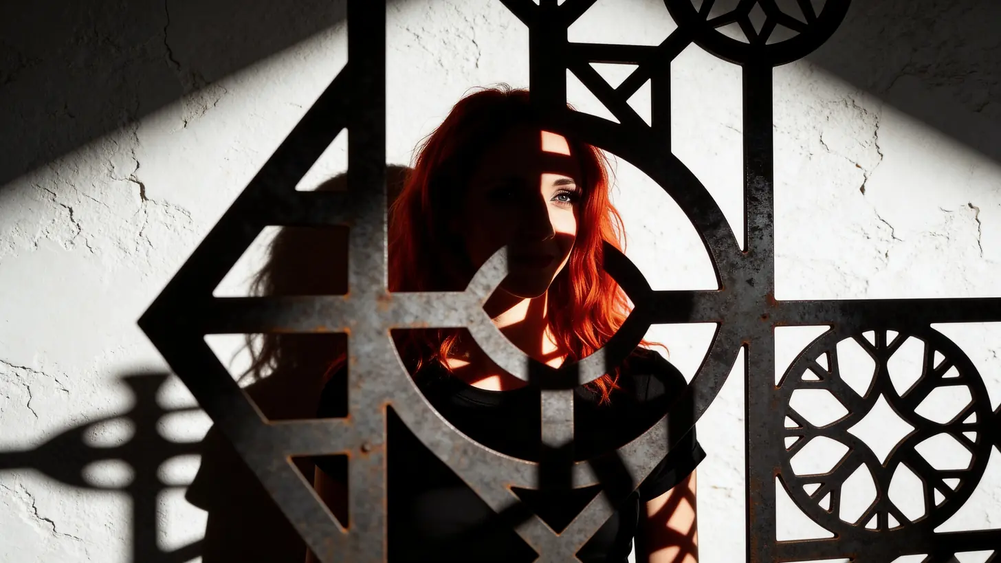 Why I keep changing my niche, editorial portrait of Tereza Škraňka with a Human Design bodygraph shadow projected across her face, illustrating the identity hidden underneath every niche label