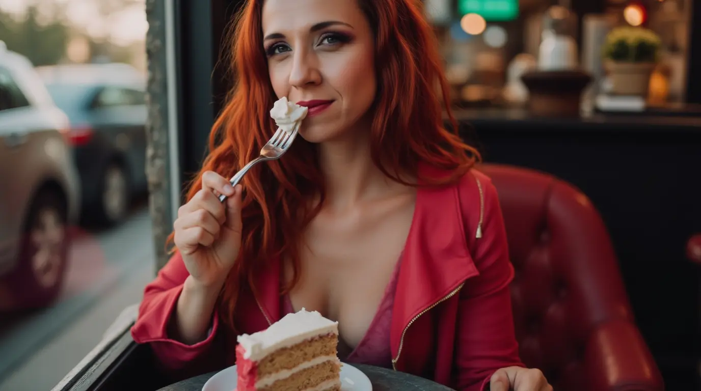 Tereza Škraňka eating frosting off a cake — the cake frosting metaphor for business identity, building around the decoration instead of the substance