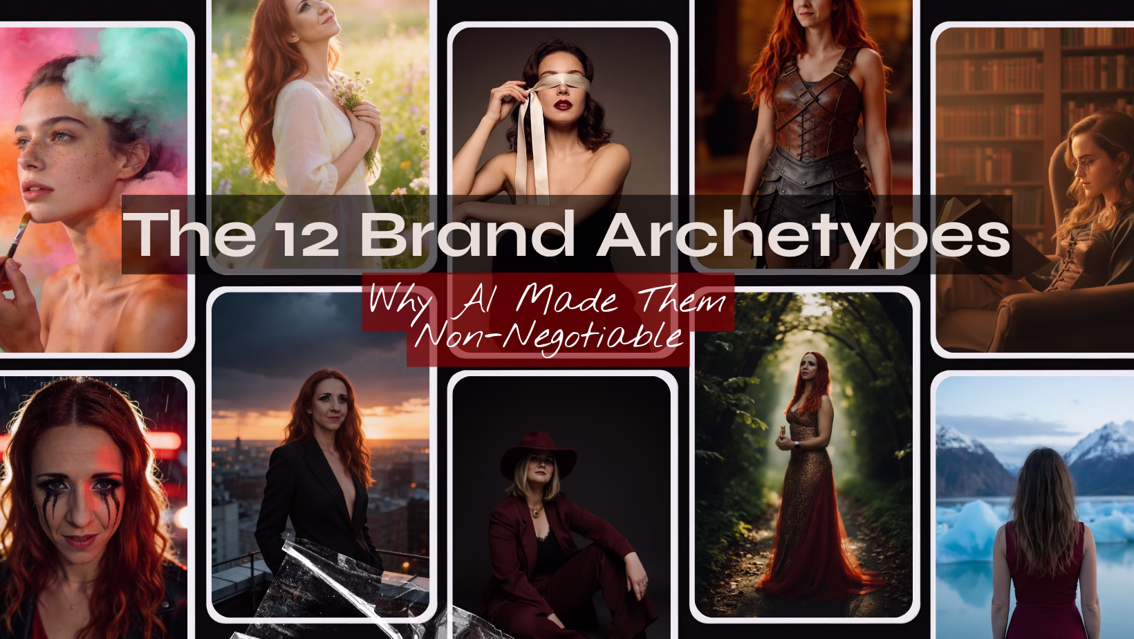 The 12 brand archetypes illustrated through AI photoshoot portraits — each archetype expressed as a distinct visual identity